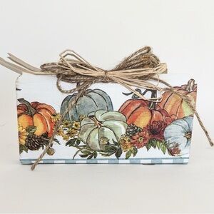 Autumn Pumpkin Decorative Wood Block Shelf Sitter - Multicolor Handcrafted